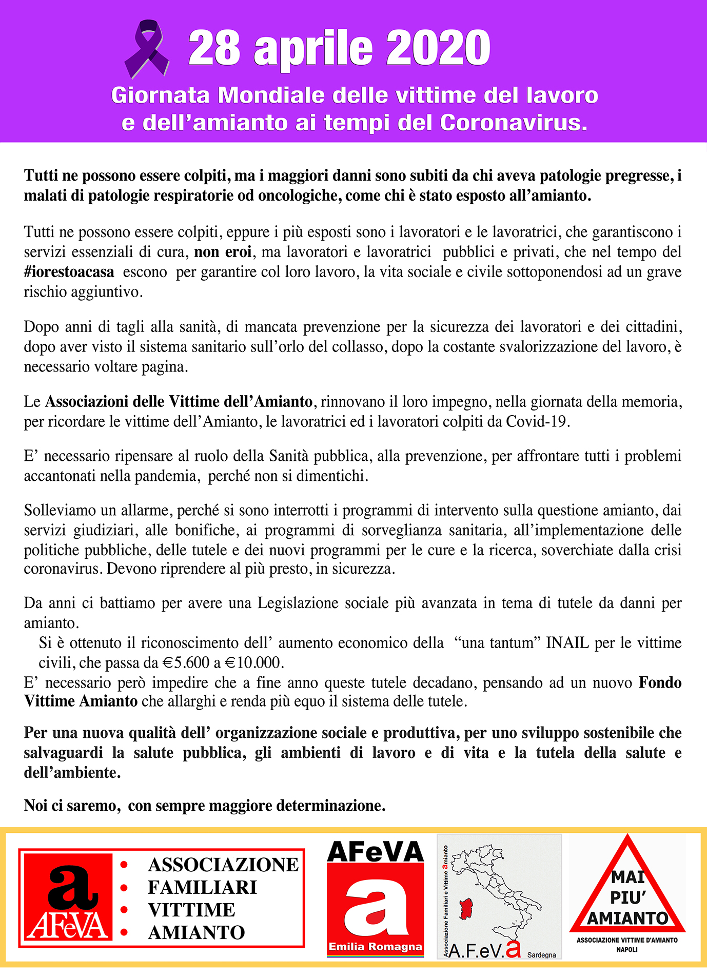 Comunicato AFeVA Casale Monferrato Emilia Romagna e Sardegna e Ass vittime amianto Napoli